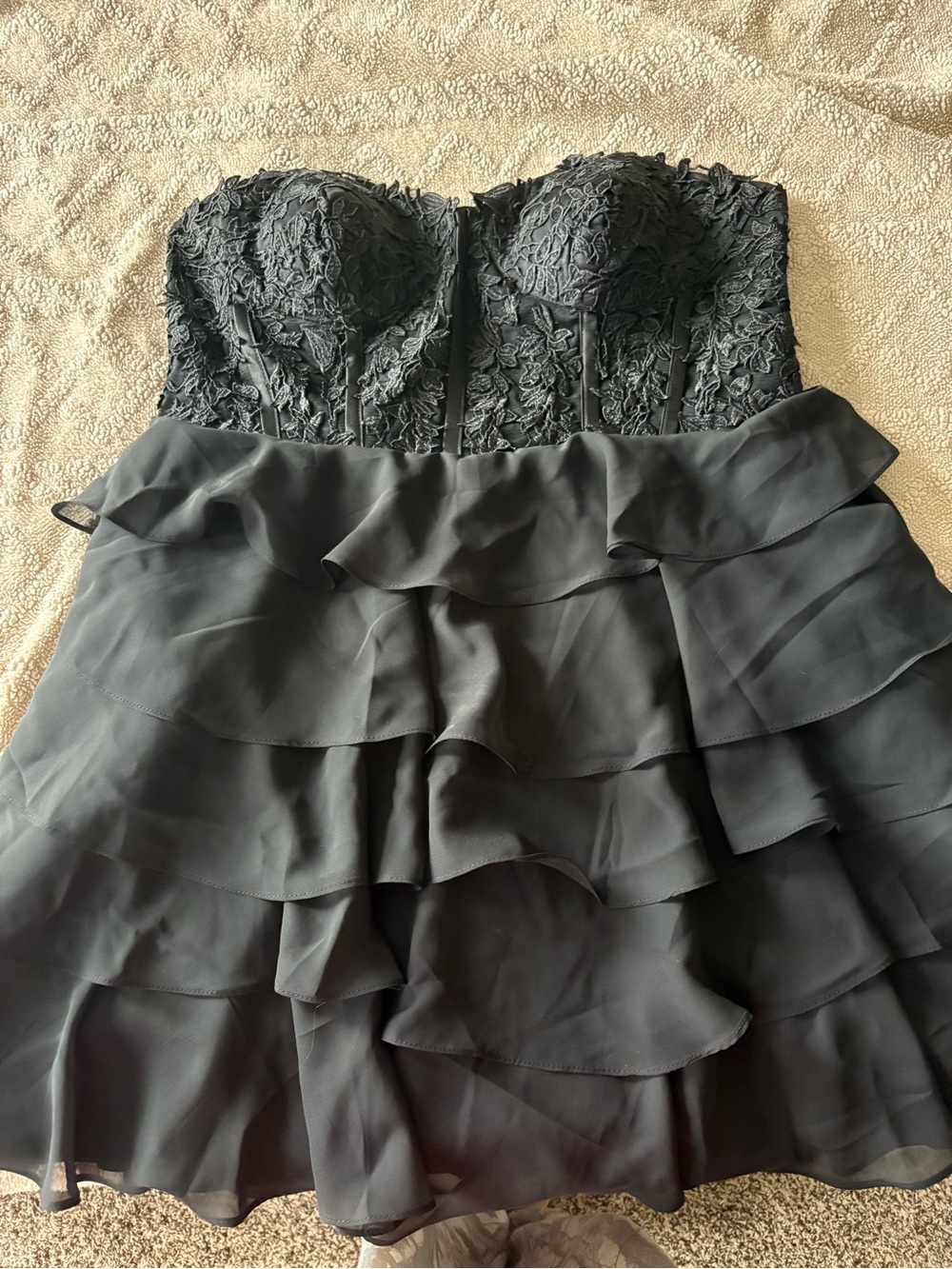 Black Strapless Ruffle Lace Cocktail Dress